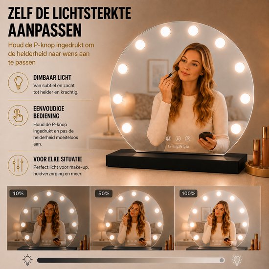 Livingbright - Make Up Spiegel Rond - Hollywood Spiegel met Verlichting 50X55CM - 3 Lichtkleuren - Dimbaar - USB Oplader - Zwart - afbeelding 6