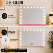 Livingbright - Make Up Spiegel - Hollywood Spiegel met Verlichting 80X60CM - 3 Lichtkleuren - Dimbaar - USB Oplader - Roze - afbeelding 14