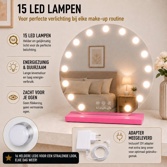 Livingbright - Make Up Spiegel Rond - Hollywood Spiegel met Verlichting 60X66CM - 3 Lichtkleuren - Dimbaar - USB Oplader - Roze - afbeelding 3
