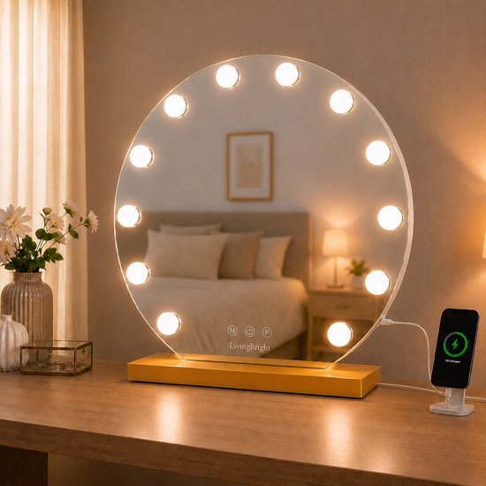 Livingbright - Make Up Spiegel Rond - Hollywood Spiegel met Verlichting 50X55CM - 3 Lichtkleuren - Dimbaar - USB Oplader - Goud - afbeelding 6