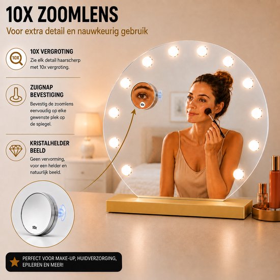 Livingbright - Make Up Spiegel Rond - Hollywood Spiegel met Verlichting 50X55CM - 3 Lichtkleuren - Dimbaar - USB Oplader - Goud - afbeelding 2
