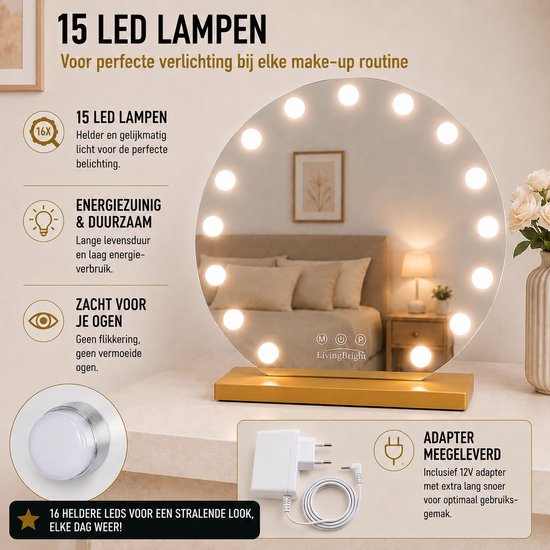Livingbright - Make Up Spiegel Rond - Hollywood Spiegel met Verlichting 60X66CM - 3 Lichtkleuren - Dimbaar - USB Oplader - Goud - afbeelding 2