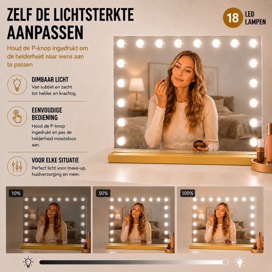 Livingbright - Make Up Spiegel - Hollywood Spiegel met Verlichting 80X60CM - 3 Lichtkleuren - Dimbaar - USB Oplader - Goud - afbeelding 3
