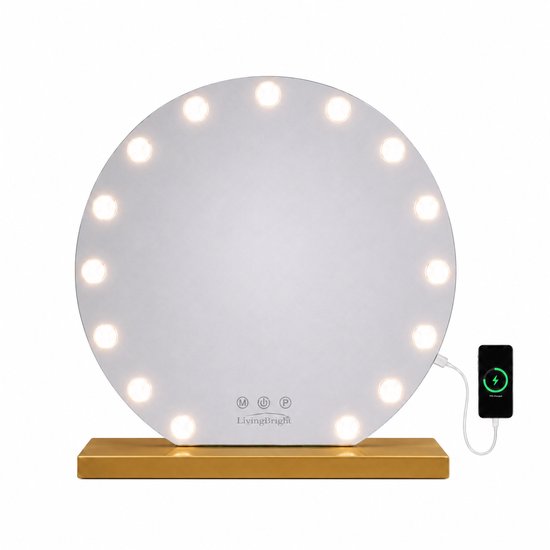 Livingbright - Make Up Spiegel Rond - Hollywood Spiegel met Verlichting 60X66CM - 3 Lichtkleuren - Dimbaar - USB Oplader - Goud - afbeelding 1