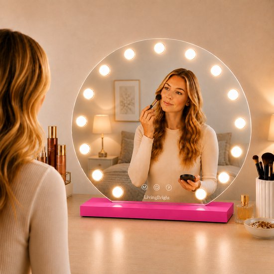 Livingbright - Make Up Spiegel Rond - Hollywood Spiegel met Verlichting 60X66CM - 3 Lichtkleuren - Dimbaar - USB Oplader - Roze - afbeelding 7