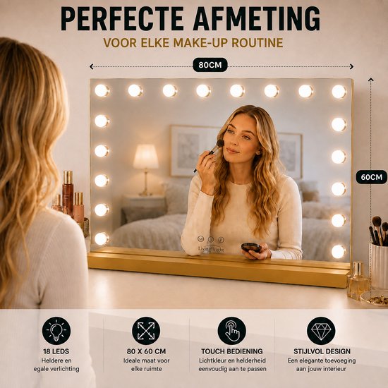 Livingbright - Make Up Spiegel - Hollywood Spiegel met Verlichting 80X60CM - 3 Lichtkleuren - Dimbaar - USB Oplader - Goud - afbeelding 9