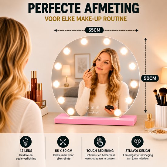 Livingbright - Make Up Spiegel Rond - Hollywood Spiegel met Verlichting 50X55CM - 3 Lichtkleuren - Dimbaar - USB Oplader - Roze - afbeelding 10
