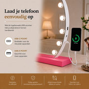 Livingbright - Make Up Spiegel Rond - Hollywood Spiegel met Verlichting 50X55CM - 3 Lichtkleuren - Dimbaar - USB Oplader - Roze - afbeelding 2