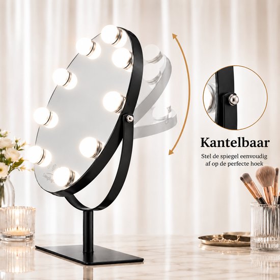 Livingbright - Make Up Spiegel met Verlichting - Rond - Roterend - 9 Leds - Zwart - afbeelding 9