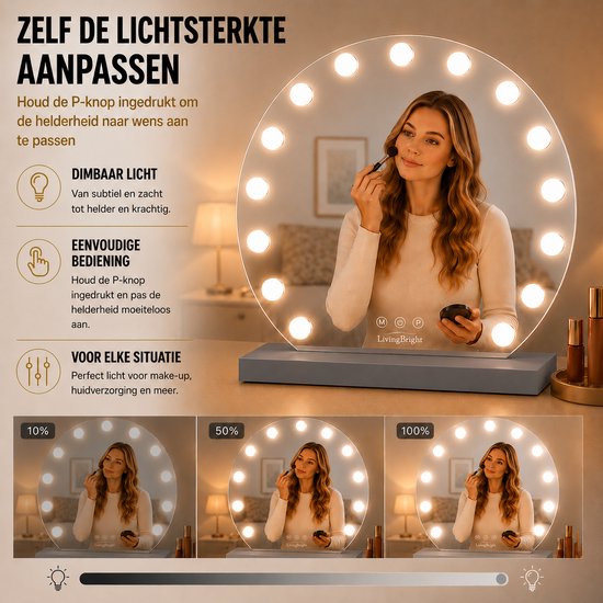 Livingbright - Make Up Spiegel Rond - Hollywood Spiegel met Verlichting 60X66CM - 3 Lichtkleuren - Dimbaar - USB Oplader - Grijs - afbeelding 4