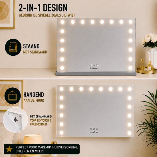 Livingbright - Make Up Spiegel - Hollywood Spiegel met Verlichting 80X60CM - 3 Lichtkleuren - Dimbaar - USB Oplader - Grijs - afbeelding 6