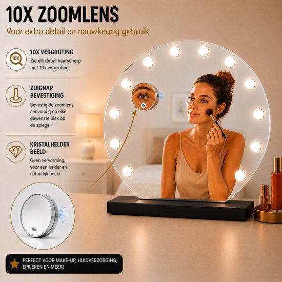 Livingbright - Make Up Spiegel Rond - Hollywood Spiegel met Verlichting 50X55CM - 3 Lichtkleuren - Dimbaar - USB Oplader - Zwart - afbeelding 12