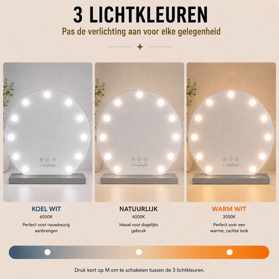 Livingbright - Make Up Spiegel Rond - Hollywood Spiegel met Verlichting 50X55CM - 3 Lichtkleuren - Dimbaar - USB Oplader - Grijs - afbeelding 10