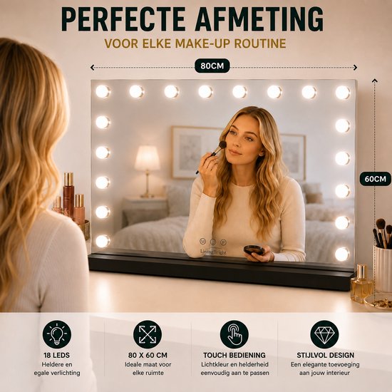 Livingbright - Make Up Spiegel - Hollywood Spiegel met Verlichting 80X60CM - 3 Lichtkleuren - Dimbaar - USB Oplader - Zwart - afbeelding 10