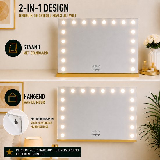 Livingbright - Make Up Spiegel - Hollywood Spiegel met Verlichting 80X60CM - 3 Lichtkleuren - Dimbaar - USB Oplader - Goud - afbeelding 13