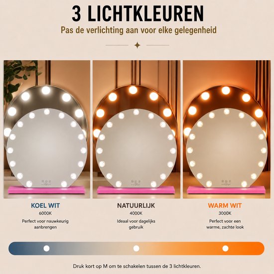 Livingbright - Make Up Spiegel Rond - Hollywood Spiegel met Verlichting 60X66CM - 3 Lichtkleuren - Dimbaar - USB Oplader - Roze - afbeelding 13