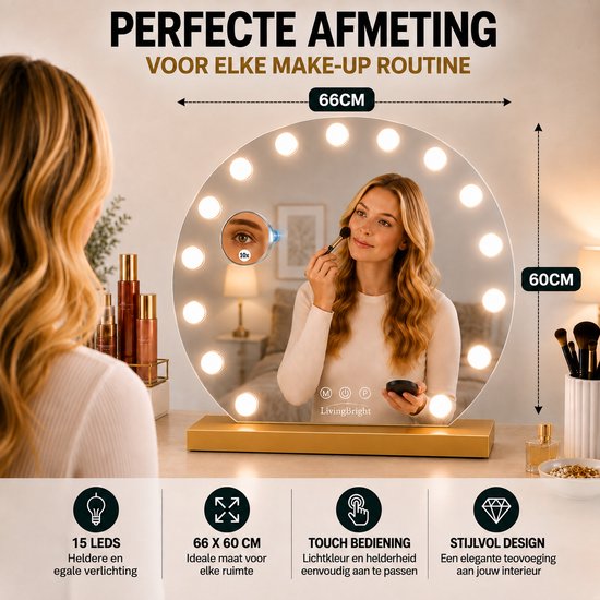 Livingbright - Make Up Spiegel Rond - Hollywood Spiegel met Verlichting 60X66CM - 3 Lichtkleuren - Dimbaar - USB Oplader - Goud - afbeelding 13