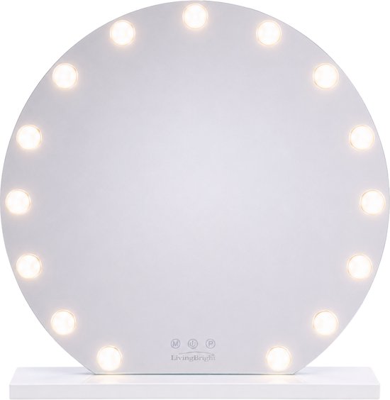 Livingbright - Make Up Spiegel Rond - Hollywood Spiegel met Verlichting 60X66CM - 3 Lichtkleuren - Dimbaar - USB Oplader - Wit - afbeelding 13