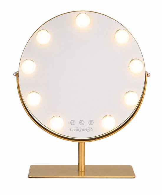 Livingbright - Make Up Spiegel met Verlichting - Rond - Roterend - 9 Leds - Goud - afbeelding 2
