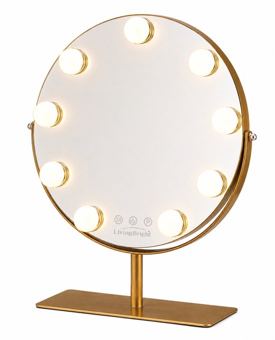 Livingbright - Make Up Spiegel met Verlichting - Rond - Roterend - 9 Leds - Goud - afbeelding 1