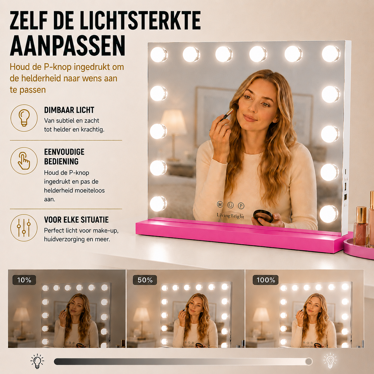 Livingbright - Make Up Spiegel - Hollywood Spiegel met Verlichting 50X40CM - 3 Lichtkleuren - Dimbaar - USB Oplader - Roze