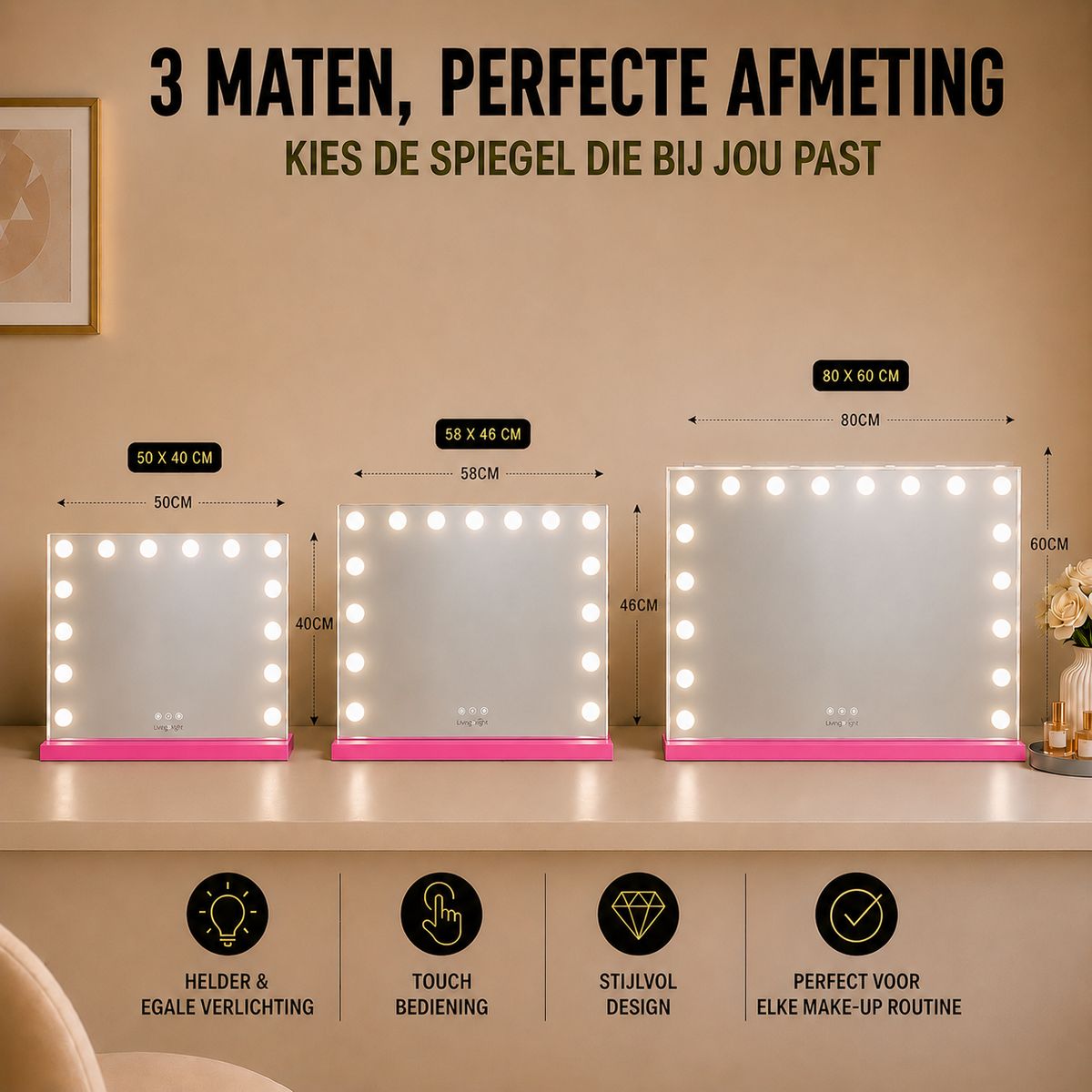 Livingbright - Make Up Spiegel - Hollywood Spiegel met Verlichting 50X40CM - 3 Lichtkleuren - Dimbaar - USB Oplader - Roze