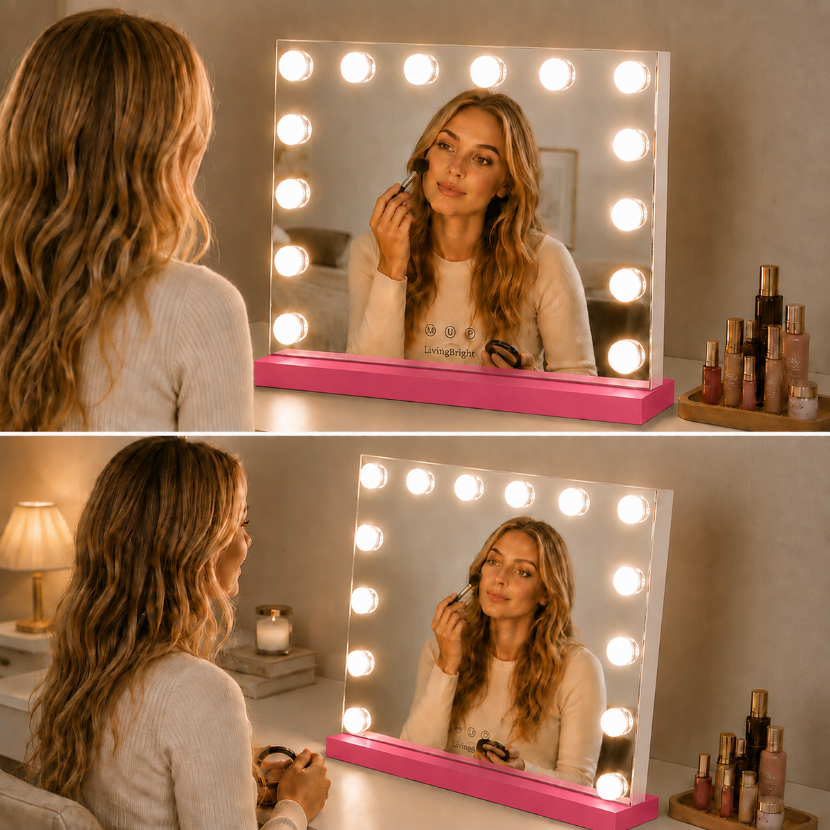 Livingbright - Make Up Spiegel - Hollywood Spiegel met Verlichting 50X40CM - 3 Lichtkleuren - Dimbaar - USB Oplader - Roze