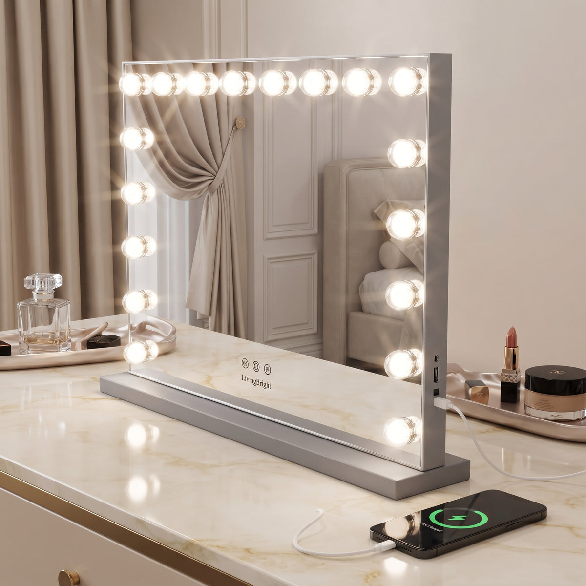 Livingbright - Make Up Spiegel - Hollywood Spiegel met Verlichting 80X60CM - 3 Lichtkleuren - Dimbaar - USB Oplader - Grijs