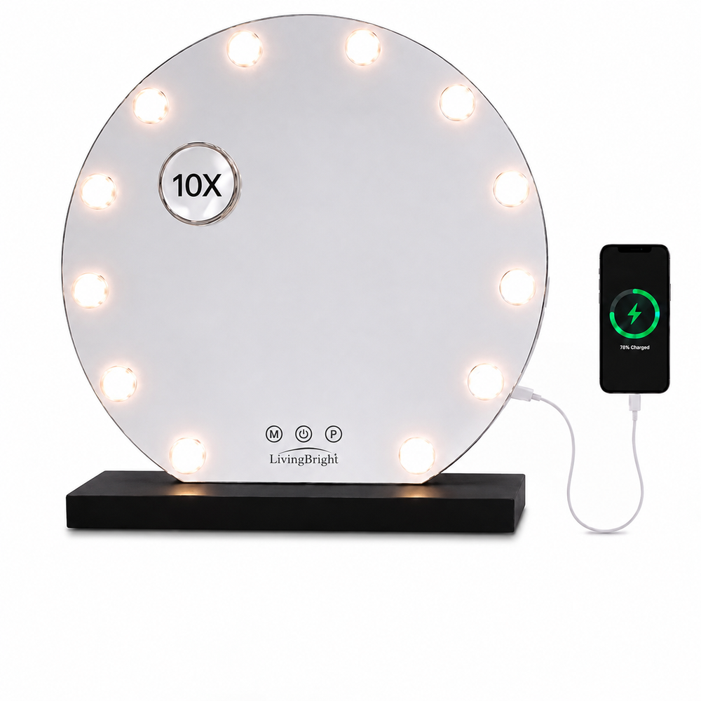 Livingbright Hollywood Round Mirror 50X47CM - LED - Black