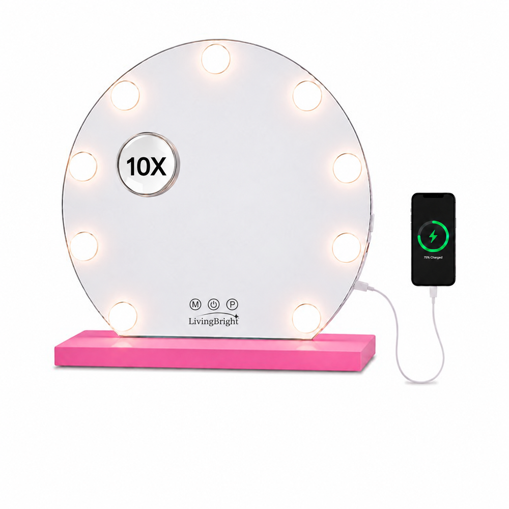 LivingBright Runder Hollywood-Spiegel 40 × 37 cm - LED - Rosa