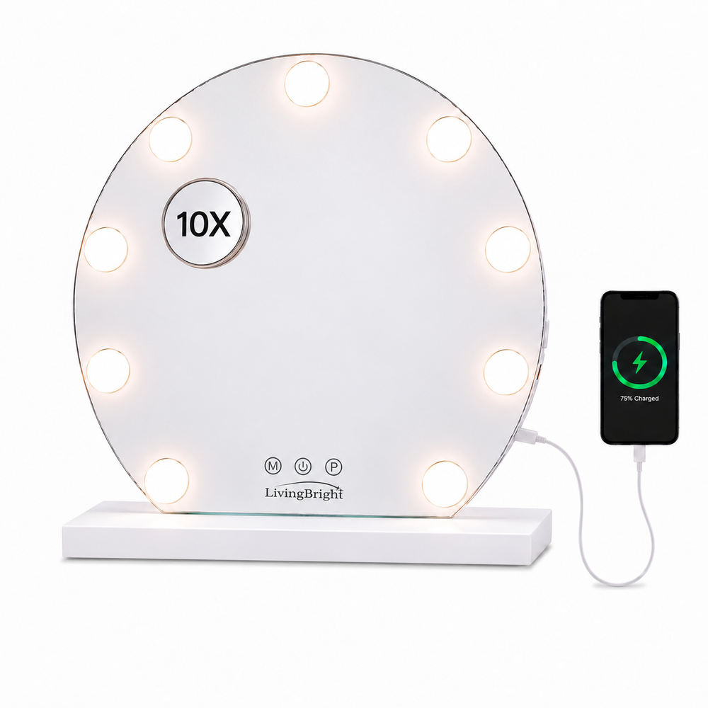 LivingBright Runder Hollywood-Spiegel 40 × 37 cm - LED - Weiß