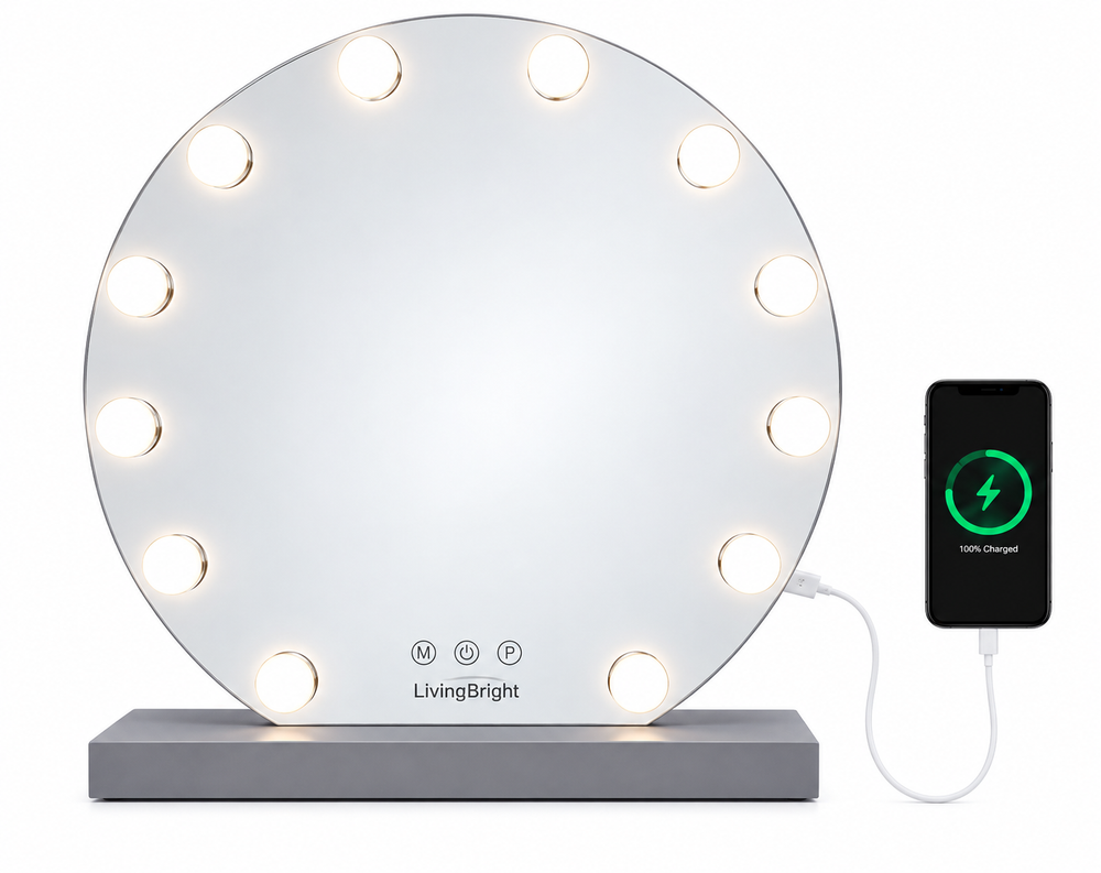 Livingbright - Make Up Spiegel Rond - Hollywood Spiegel met Verlichting 50X55CM - 3 Lichtkleuren - Dimbaar - USB Oplader - Grijs