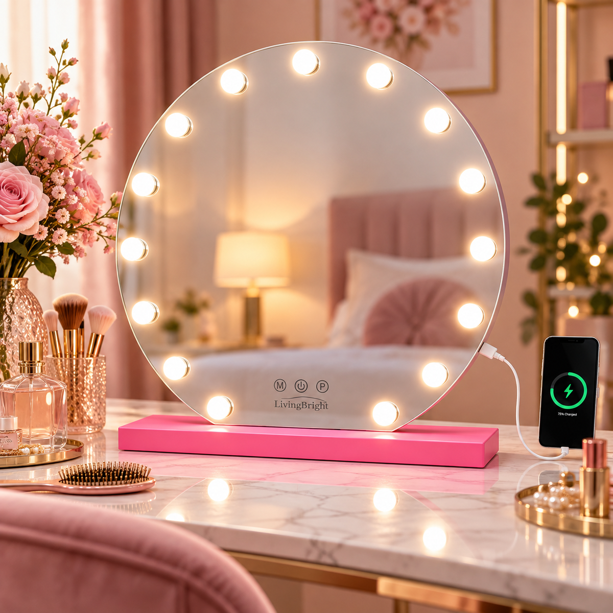Livingbright - Make Up Spiegel Rond - Hollywood Spiegel met Verlichting 60X66CM - 3 Lichtkleuren - Dimbaar - USB Oplader - Roze