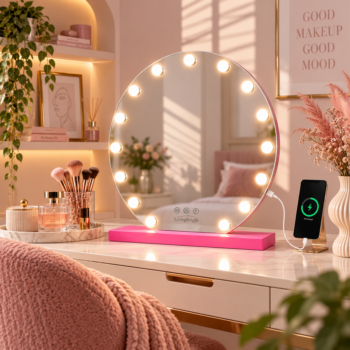 Livingbright - Make Up Spiegel Rond - Hollywood Spiegel met Verlichting 60X66CM - 3 Lichtkleuren - Dimbaar - USB Oplader - Roze