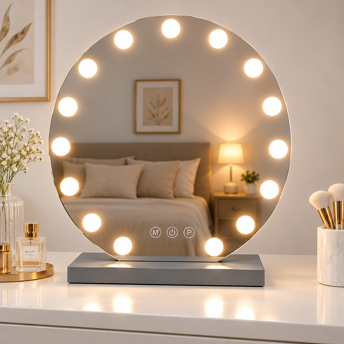 Livingbright - Make Up Spiegel Rond - Hollywood Spiegel met Verlichting 60X66CM - 3 Lichtkleuren - Dimbaar - USB Oplader - Grijs