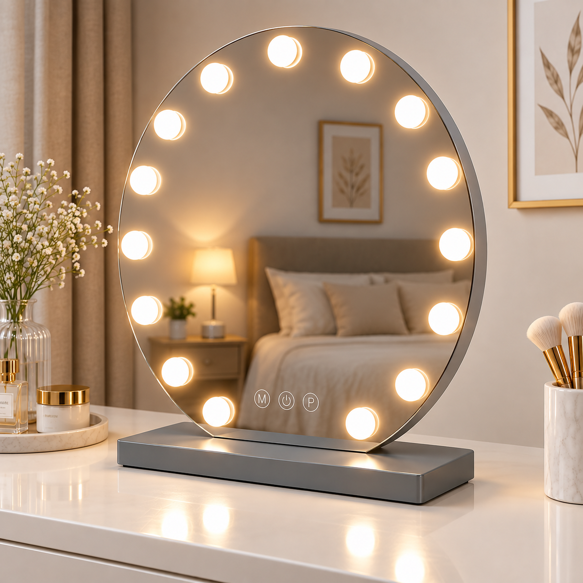 Livingbright - Make Up Spiegel Rond - Hollywood Spiegel met Verlichting 60X66CM - 3 Lichtkleuren - Dimbaar - USB Oplader - Grijs