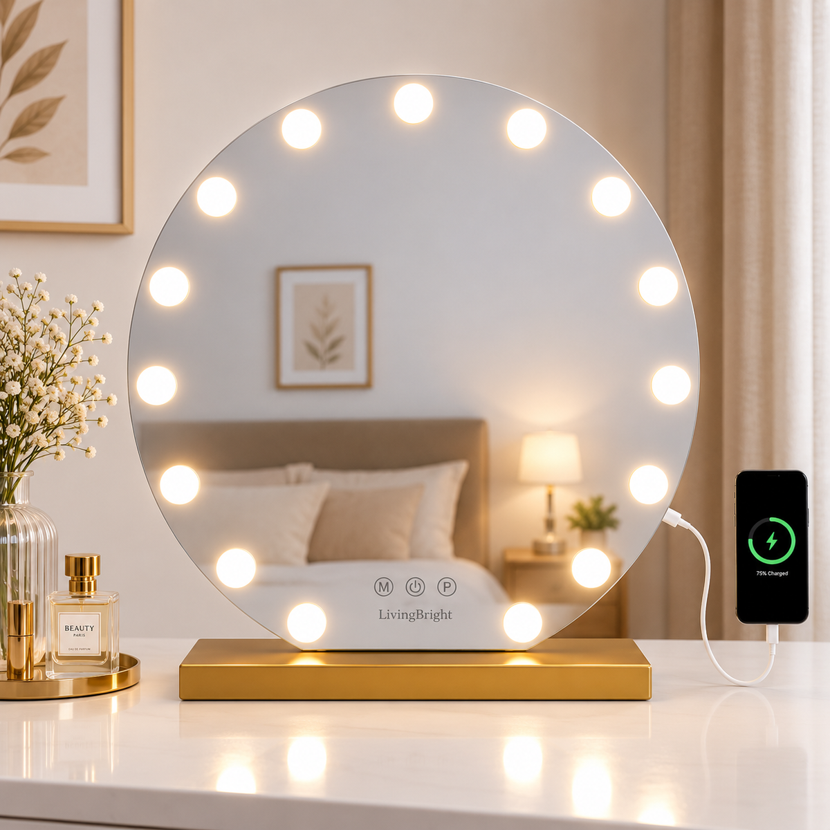 Livingbright - Make Up Spiegel Rond - Hollywood Spiegel met Verlichting 60X66CM - 3 Lichtkleuren - Dimbaar - USB Oplader - Goud