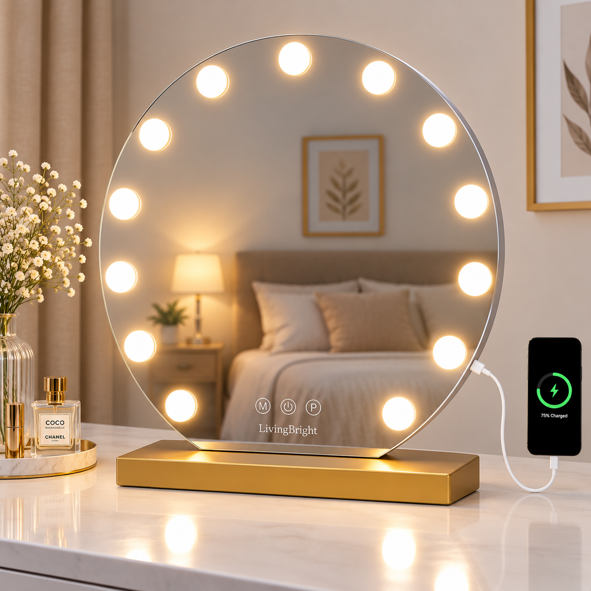 Livingbright - Make Up Spiegel Rond - Hollywood Spiegel met Verlichting 60X66CM - 3 Lichtkleuren - Dimbaar - USB Oplader - Goud