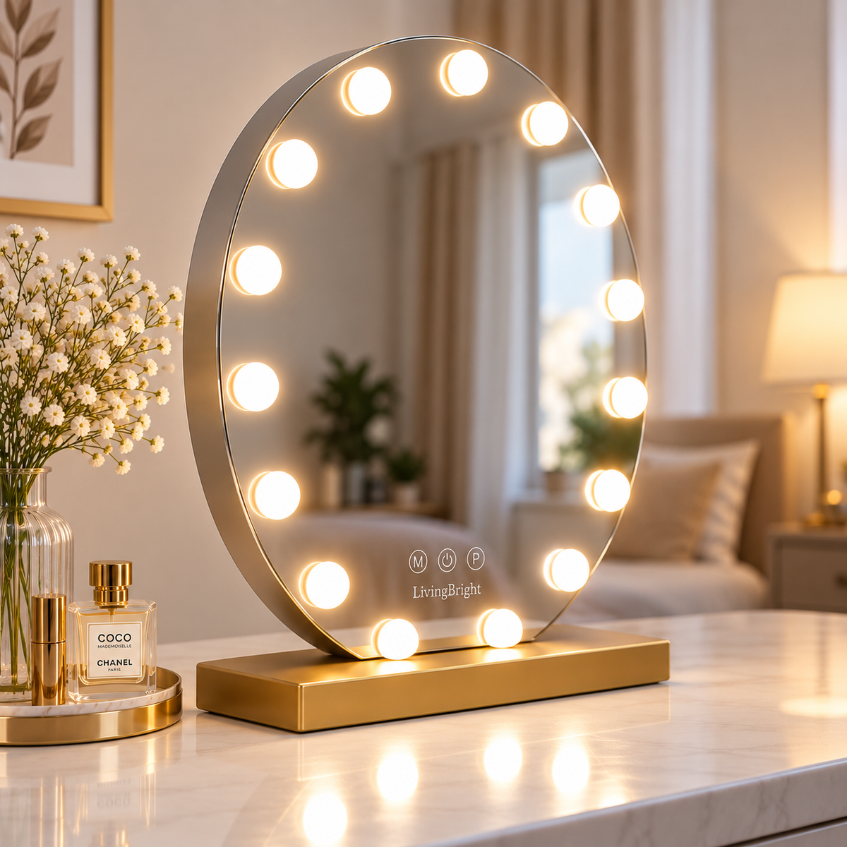 Livingbright - Make Up Spiegel Rond - Hollywood Spiegel met Verlichting 60X66CM - 3 Lichtkleuren - Dimbaar - USB Oplader - Goud