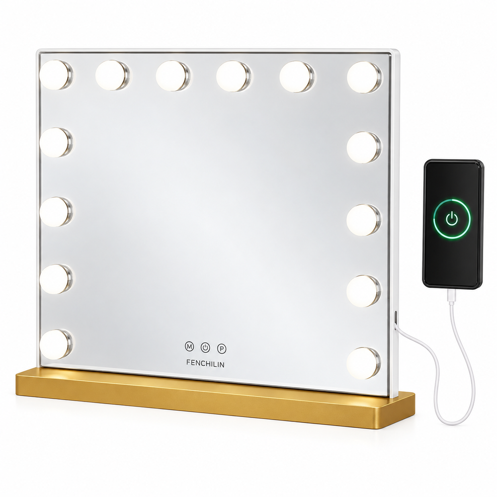 Livingbright - Make Up Spiegel - Hollywood Spiegel met Verlichting 50X40CM - 3 Lichtkleuren - Dimbaar - USB Oplader - Goud