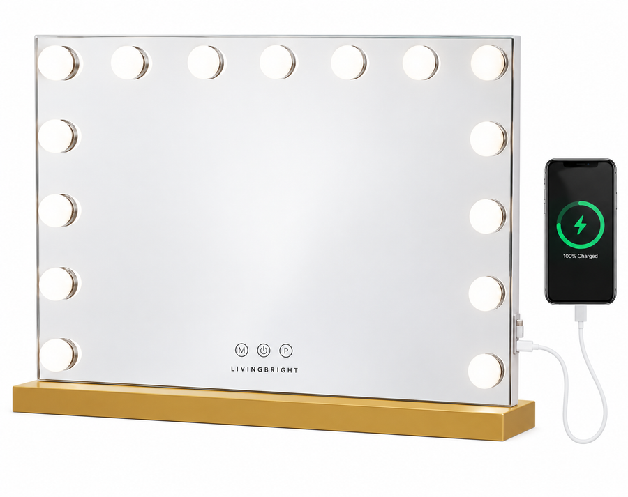 Livingbright - Make Up Spiegel - Hollywood Spiegel met Verlichting 58X46CM - 3 Lichtkleuren - Dimbaar - USB Oplader - Goud