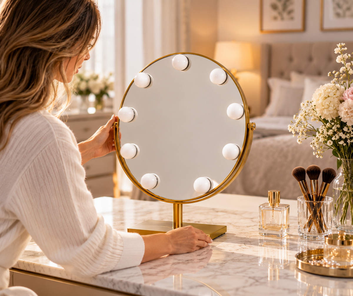 Livingbright - Make Up Spiegel met Verlichting - Rond - Roterend - 9 Leds - Goud