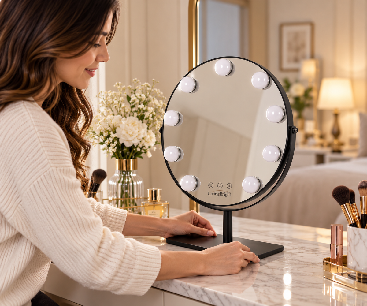 Livingbright - Make Up Spiegel met Verlichting - Rond - Roterend - 9 Leds - Zwart