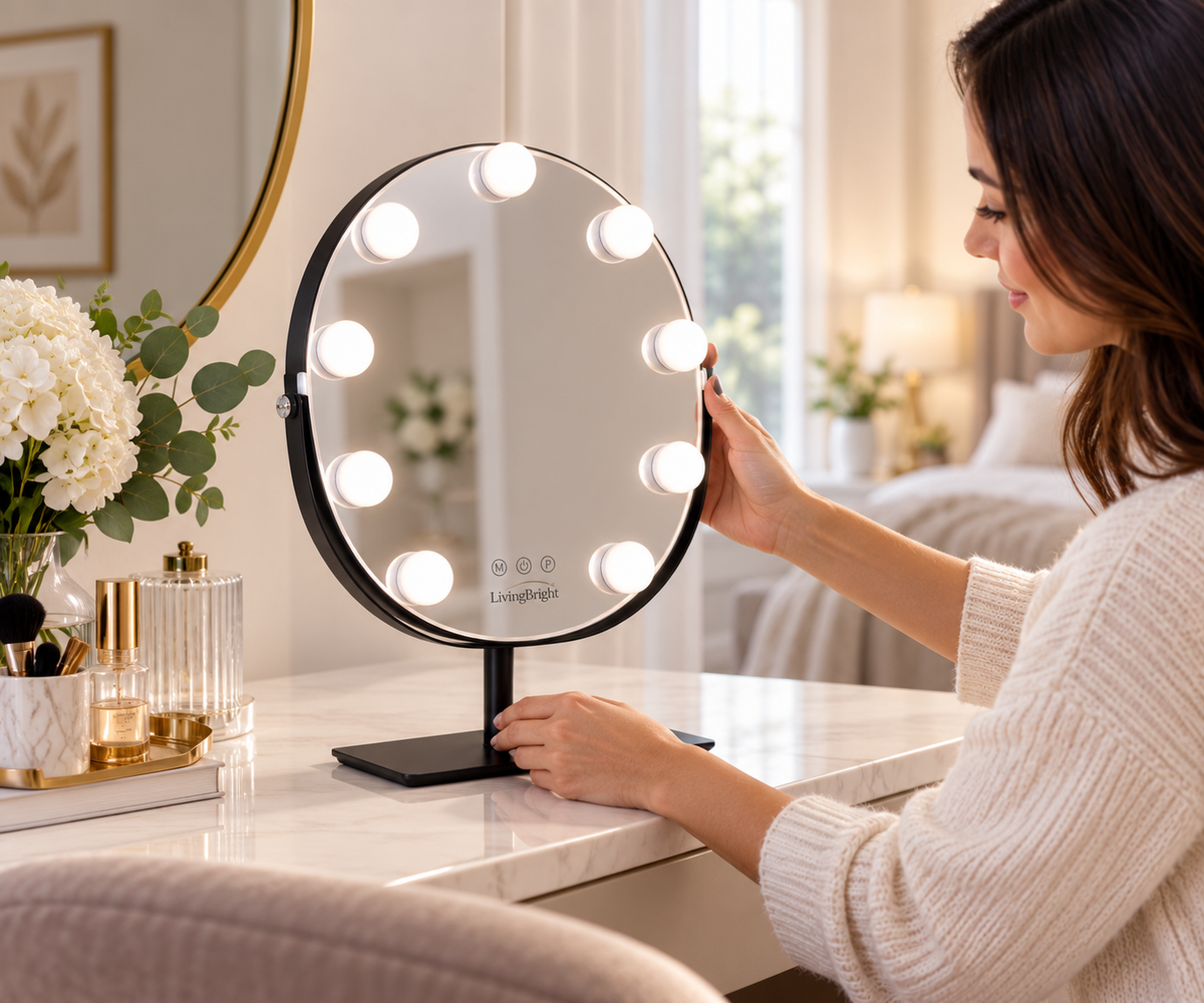 Livingbright - Make Up Spiegel met Verlichting - Rond - Roterend - 9 Leds - Zwart