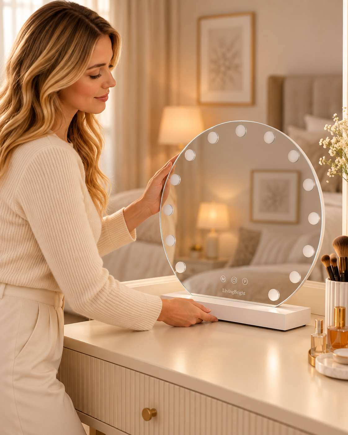 Livingbright - Make Up Spiegel Rond - Hollywood Spiegel met Verlichting 60X66CM - 3 Lichtkleuren - Dimbaar - USB Oplader - Wit