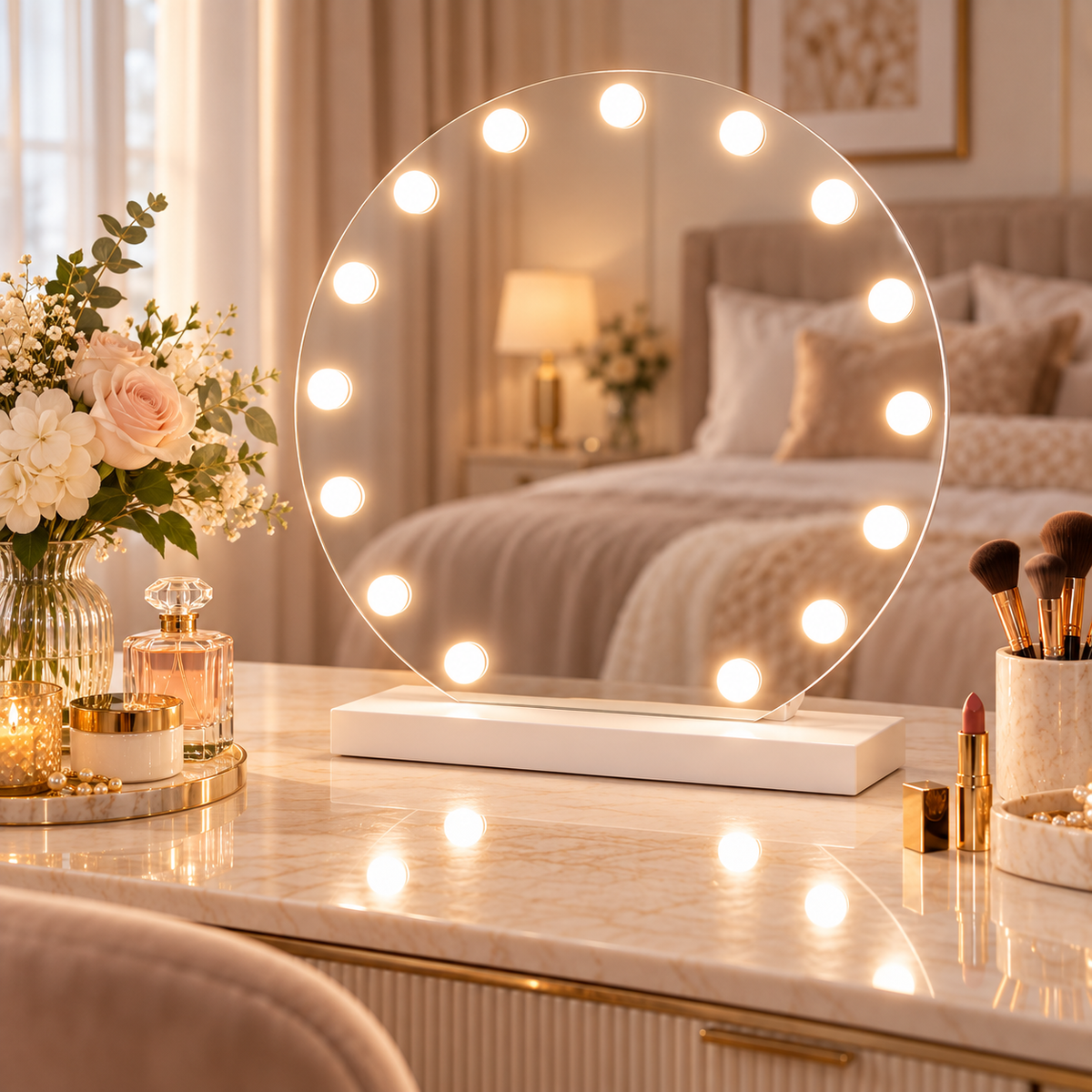 Livingbright - Make Up Spiegel Rond - Hollywood Spiegel met Verlichting 60X66CM - 3 Lichtkleuren - Dimbaar - USB Oplader - Wit