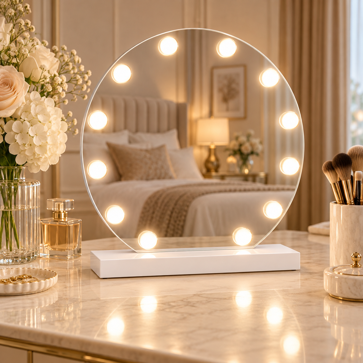 Livingbright - Make Up Spiegel Rond - Hollywood Spiegel met Verlichting 50X55CM - 3 Lichtkleuren - Dimbaar - USB Oplader - Wit