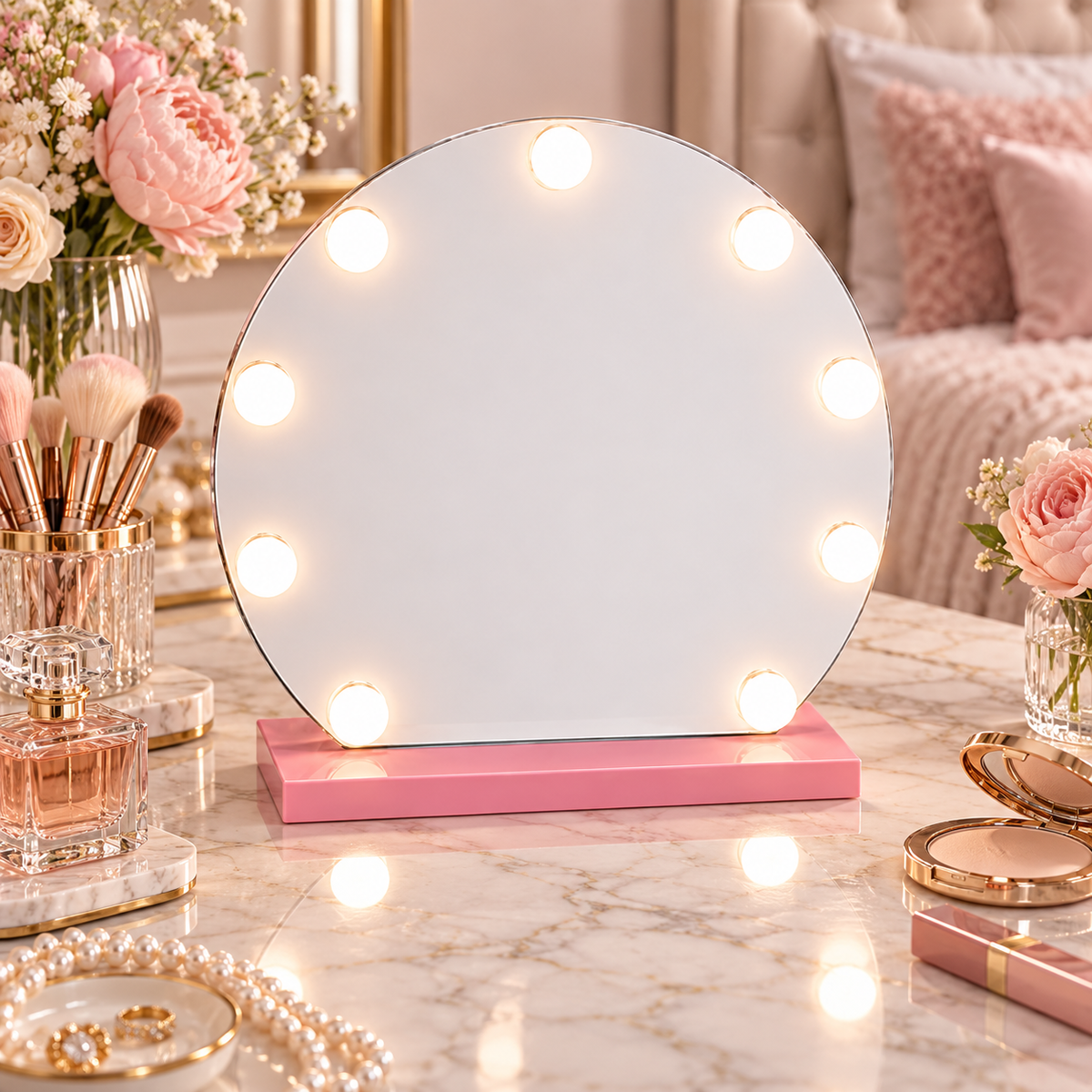 Livingbright - Make Up Spiegel Rond - Hollywood Spiegel met Verlichting 40X47CM - 3 Lichtkleuren - Dimbaar - USB Oplader - Roze