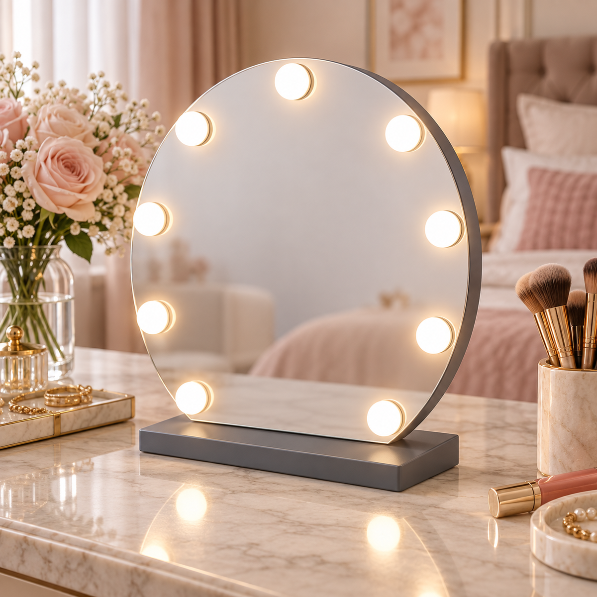 Livingbright - Make Up Spiegel Rond - Hollywood Spiegel met Verlichting 40X47CM - 3 Lichtkleuren - Dimbaar - USB Oplader - Grijs