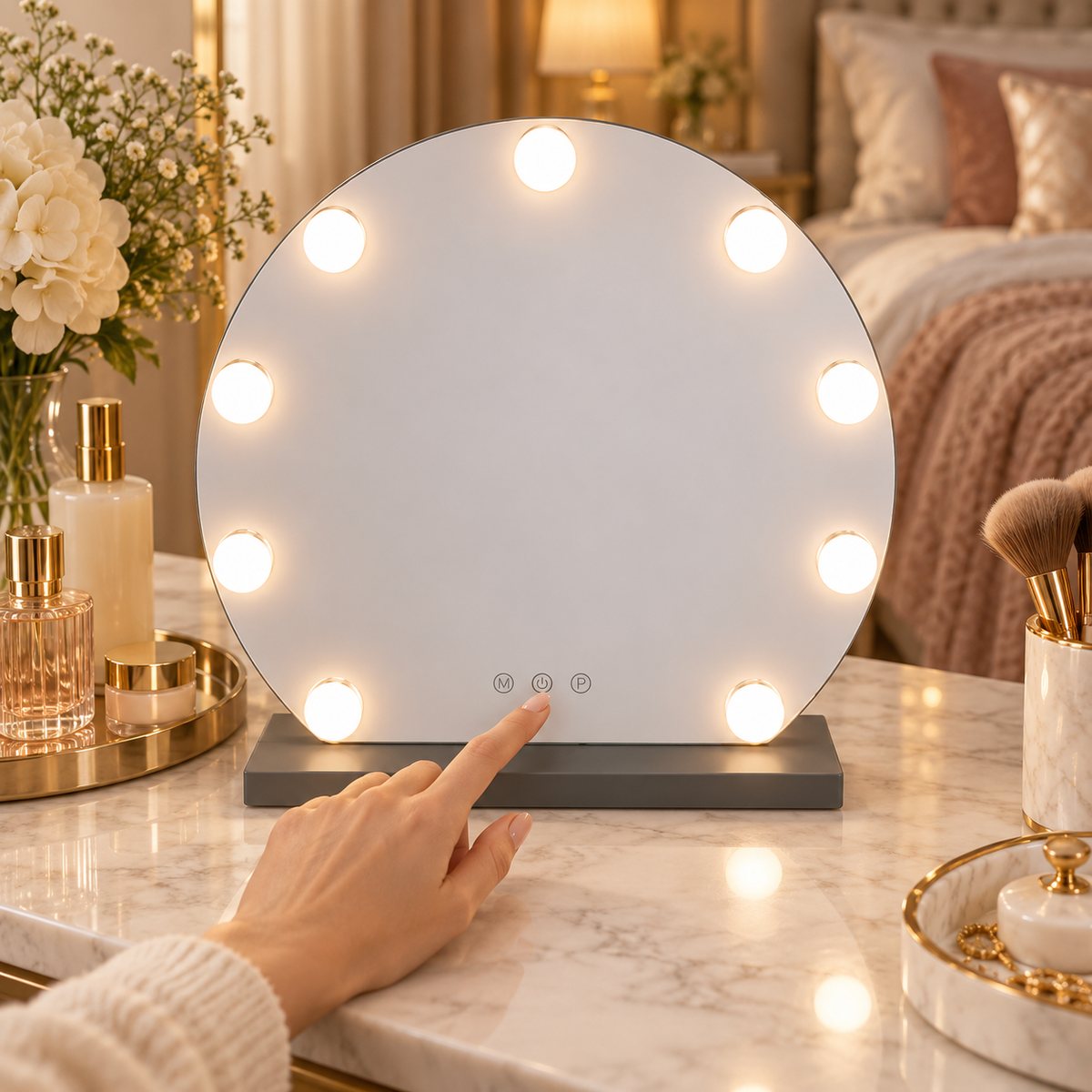Livingbright - Make Up Spiegel Rond - Hollywood Spiegel met Verlichting 40X47CM - 3 Lichtkleuren - Dimbaar - USB Oplader - Grijs